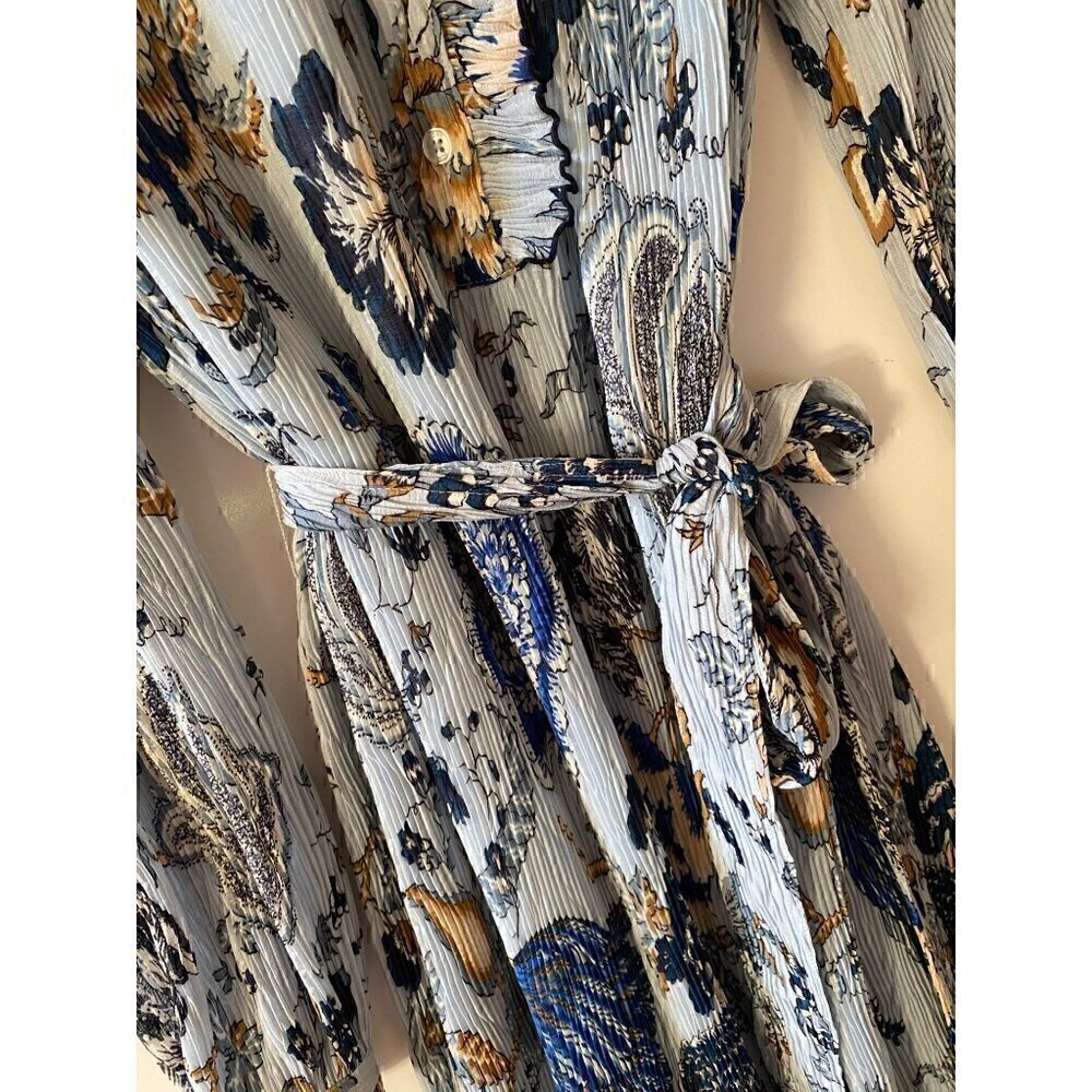 Tory Burch Deneuve Paisley Dress Size 0 Blue Crinkle Floral Ruffle Long Sleeve - Picture 9 of 14